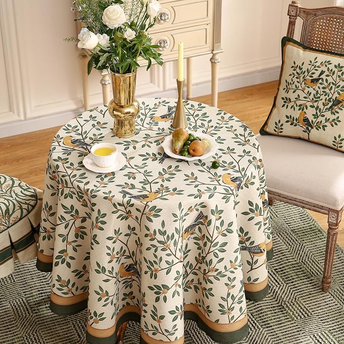 patdrea Designer French Linen Tablecloth,Round,Diameter 55"-Warbler A | Vintage Table Cloth for Round Table,Yellow and Green Floral Pattern,Dining Room Tea Party Thanksgiving Decor