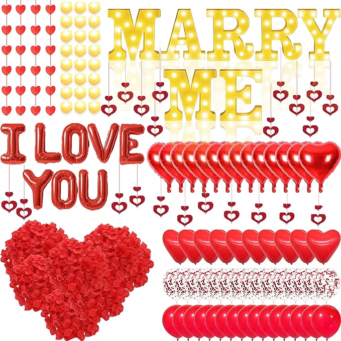 Marry Me Light Up Letters Proposal Decorations, 7Pcs 8.5" Marry Me Sign, 24Pcs Flameless Candles 2000Pcs Red Fake Rose Petals 8Pcs I Love You Letter Balloons 55Pcs Latex Heart Balloon Valentine's Day