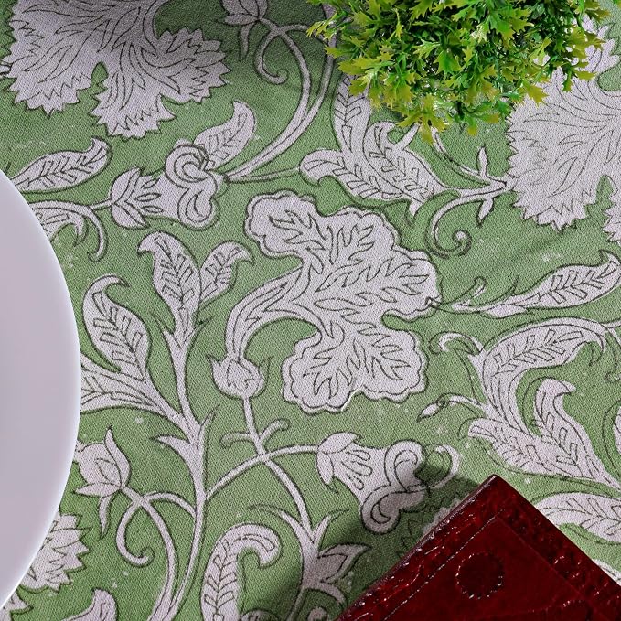 Ridhi Round Tablecloth Hand Block Print 100% Cotton Reusable Sage Green 110 Inch Table Cover Decorative Everyday Use for Dining, Home, Party, Wedding, Farmhouse, Party Gift for Spring, Mother's Day