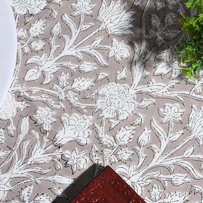 Ridhi Round Tablecloth Hand Block Print 100% Cotton Reusable Taupe 110 Inch Table Cover Decorative Everyday Use for Dining, Home, Party, Wedding, Farmhouse, Party Gift for Spring, Mother's Day