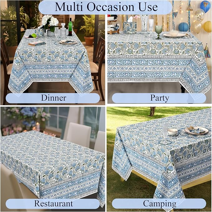 Ridhi Asparagus Green Hand Block Print Cotton Rectangle Tablecloth 140" x 72" inches Reusable Table Cover Decorative Everyday Use for Dining Room, Farmhouse, Home Gift for Spring, Mother's Day