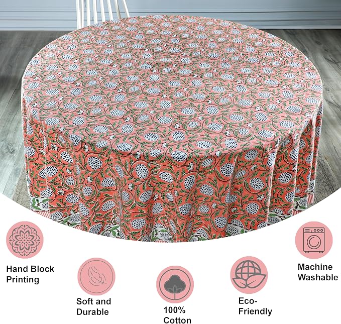 Ridhi Round Tablecloth Hand Block Print 100% Cotton Reusable Dark Salmon 110 Inch Table Cover Decorative Everyday Use for Dining, Home, Party, Wedding, Farmhouse, Party Gift for Spring, Mother's Day