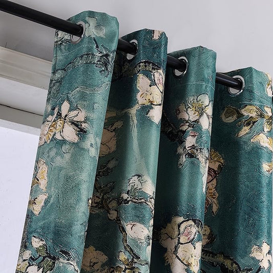 Taisier Home Chinese Style Plum Blossom Curtain Green Artistic Print Curtains 63 Inches Long for Living Room,Personalized Pattern Curtains Bedroom Window Treatment Curtains 2 Panels Set