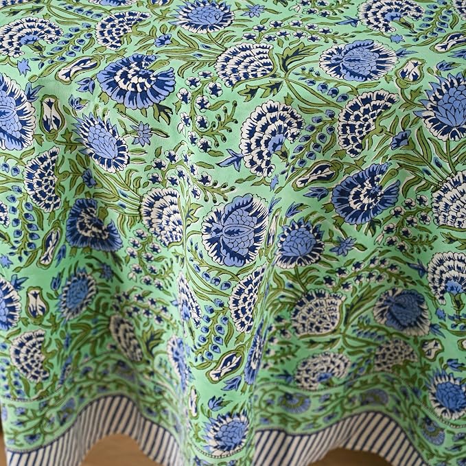 Hand Block Printed Tablecloth – Colorful Floral Print | 100% Cotton | Indian Artisan Handmade Art | Dining Room, Kitchen, Outdoor Décor, (Mint Green Blue, 108 Inches Round)