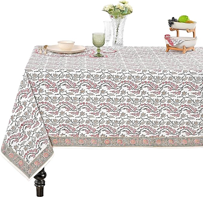 Ridhi Coral Pink Hand Block Print Cotton Rectangle Tablecloth 120" x 80" inches Reusable Table Cover Decorative Everyday Use for Dining Room, Farmhouse, Home Gift for Spring, Mother's Day