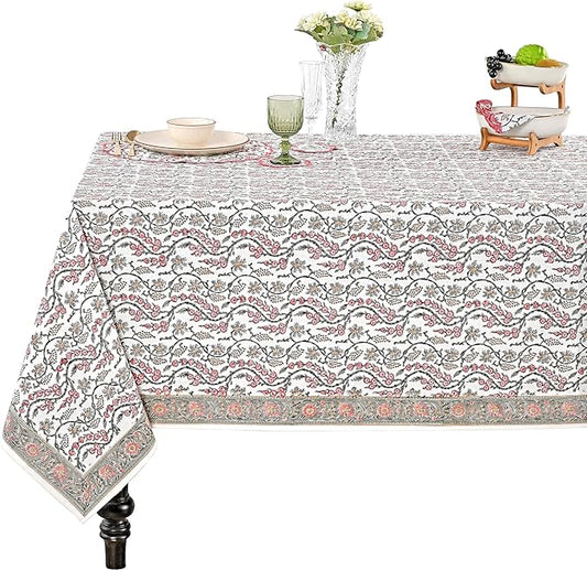 Ridhi Coral Pink Hand Block Print Cotton Rectangle Tablecloth 120" x 80" inches Reusable Table Cover Decorative Everyday Use for Dining Room, Farmhouse, Home Gift for Spring, Mother's Day