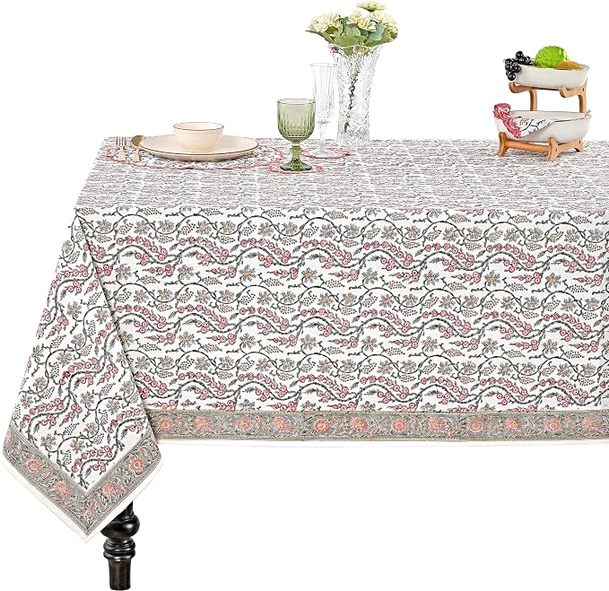 Ridhi Coral Pink Hand Block Print Cotton Rectangle Tablecloth 90" x 60" inches Reusable Table Cover Decorative Everyday Use for Dining Room, Farmhouse, Home Gift for Spring, Mother's Day