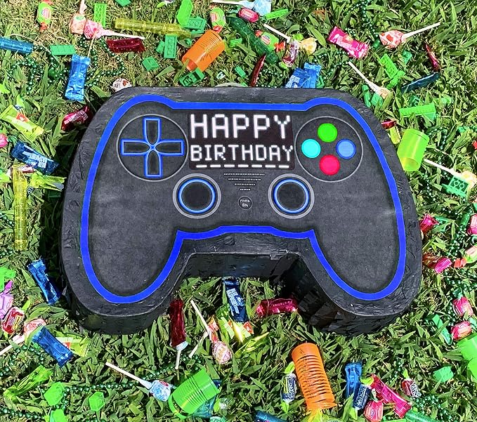 Jergrim Blue Video Game Controller Piñata (Small Stick Included) 17”x11”x 3” Perfect for Birthday Gamer Parties, Party Decor, Gaming theme parties and other Decorations