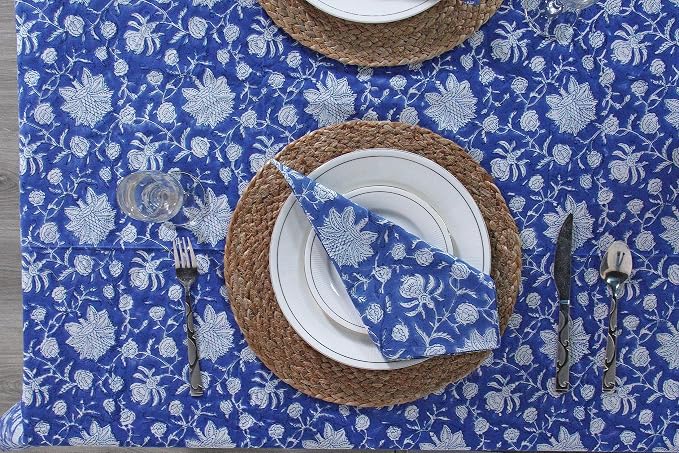Ridhi Dark Blue Hand Block Print Cotton Rectangle Tablecloth 190" x 72" inches Reusable Table Cover Decorative Everyday Use for Dining Room, Farmhouse, Home Gift for Spring, Mother's Day