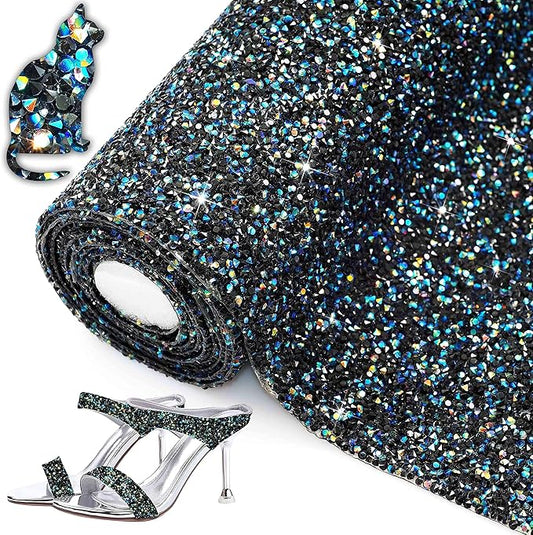 Locacrystal Bling Resin Rhinestone Sticker, Black AB, 9.4x63, High-Density, Self-Adhesive, Hotfix, Glitter, Crystal, Gem, Sheet, Car & Crafts Decoration