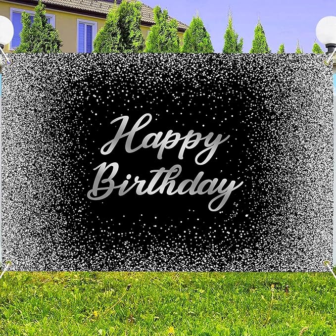 Birthday Photography Backdrop 10 x 8 ft Black and Silver Glitter Spots Happy Birthday Background Sign Cake Table Decorations Banner for Women Men Adults Kids Birthday Party Supplies