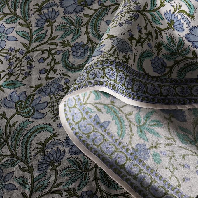 Ridhi Round Tablecloth Hand Block Print 100% Cotton Reusable Columbia Blue 110 Inch Table Cover Decorative Everyday Use for Dining, Home, Party, Wedding, Farmhouse, Party Gift for Spring, Mother's Day