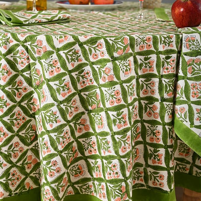 Hand Block Printed Tablecloth – Colorful Floral Print | 100% Cotton | Indian Artisan Handmade Art | Dining Room, Kitchen, Outdoor Décor, (Fresh Green Leaves, 8 Seater 90 Inches Round)