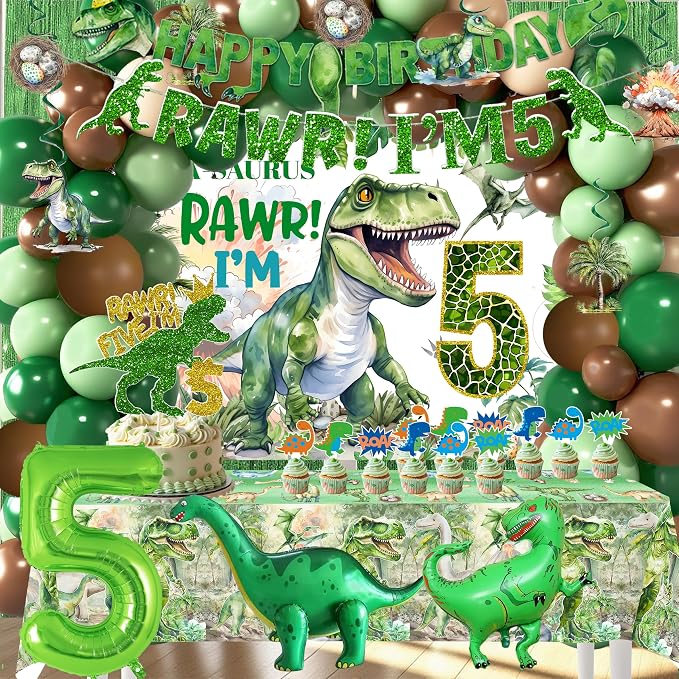 Dinosaur Boys 5th Birthday Dino Jurassic Party Supplies: Banner, Backdrop, Tablecloth, Cake Toppers, Balloons