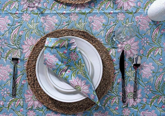 Ridhi Turquoise Blue Hand Block Print Cotton Rectangle Tablecloth 102" x 48" inches Reusable Table Cover Decorative Everyday Use for Dining Room, Farmhouse, Home Gift for Spring, Mother's Day
