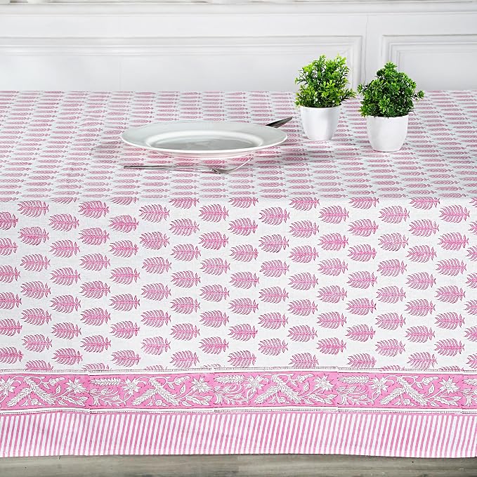 Ridhi Taffy Pink Hand Block Print Cotton Rectangle Tablecloth 102" x 48" inches Reusable Table Cover Decorative Everyday Use for Dining Room, Farmhouse, Home Gift for Spring, Mother's Day