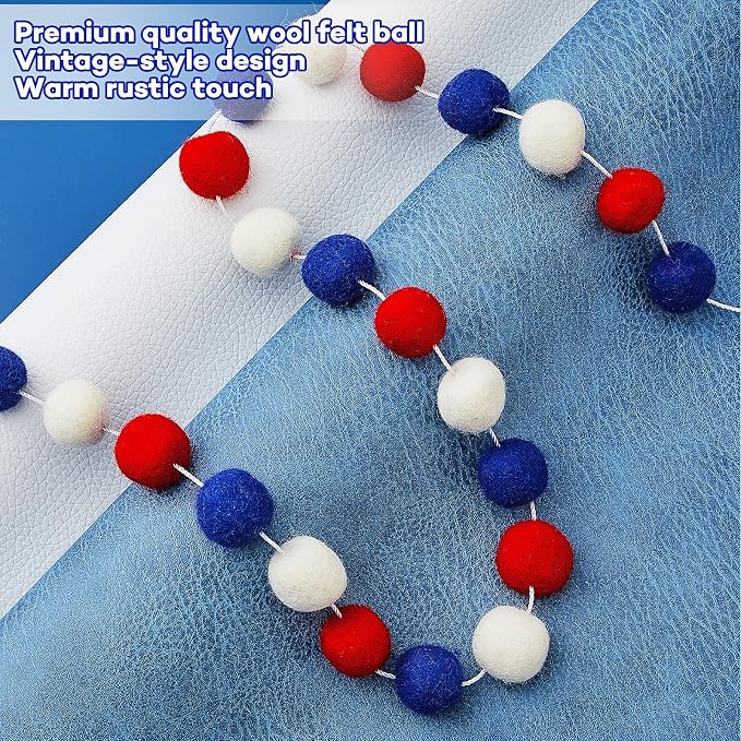 WILLBOND 2 Pieces Wool Felt Rainbow Ball Garland Colorful Pom Pom 6.5 ft Long 24 Ball Garland for Easter Mardi Gras Classroom Halloween Thanksgiving Xmas (Red,White,Blue)