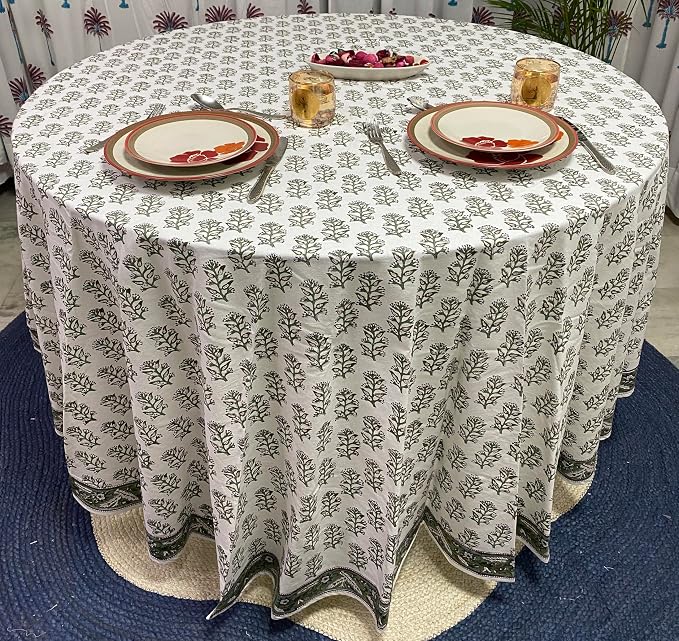 Ridhi Round Tablecloth Hand Block Print 100% Cotton Reusable Evergreen 90 Inch Table Cover Decorative Everyday Use for Dining, Home, Party, Wedding, Farmhouse, Party Gift for Spring, Mother's Day