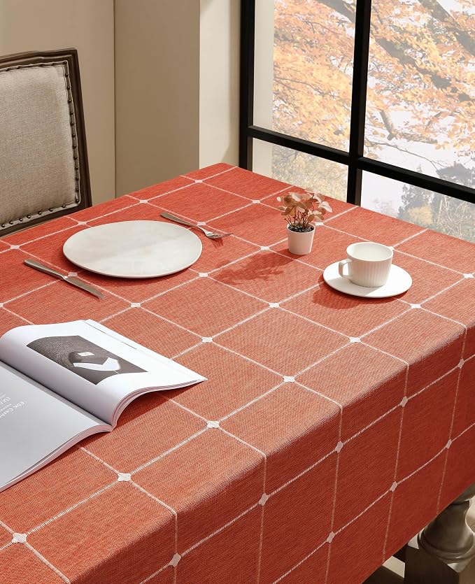 ZeeMart Grid Embroidered Hemmed Tablecloths, Orange 60x104 Inch, Farmhouse Style Heavy Weight Cotton Linen Burnt Orange Fall Tablecloths, Boho Plaid Water Resistant Rectangle Table Cloth