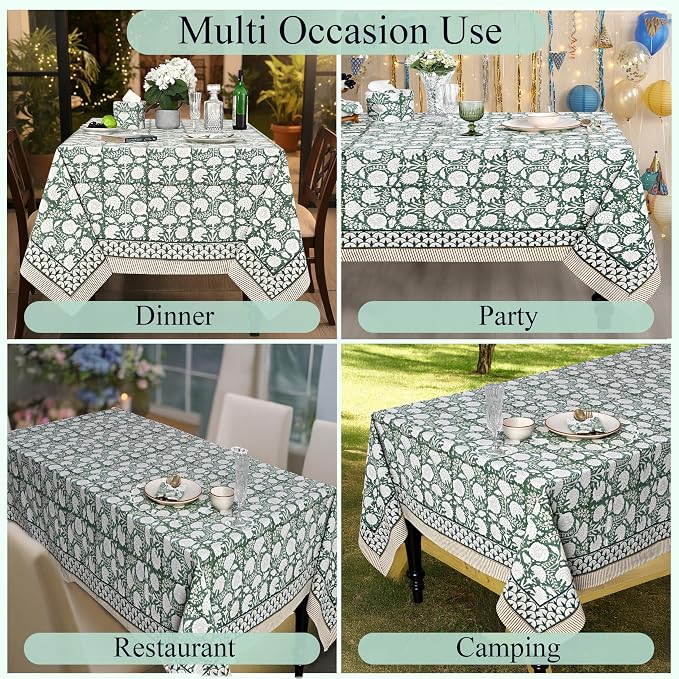 Ridhi Turquoise Moss Green Hand Block Print Cotton Rectangle Tablecloth 108" x 60" inches Reusable Table Cover Decorative Everyday Use for Dining Room, Farmhouse, Home Gift for Spring, Mother's Day