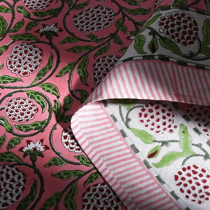 Ridhi Round Tablecloth Hand Block Print 100% Cotton Reusable Strawberry Pink 132 Inch Table Cover Decorative Everyday Use for Dining, Home, Farmhouse Gift for Spring, Mother's Day