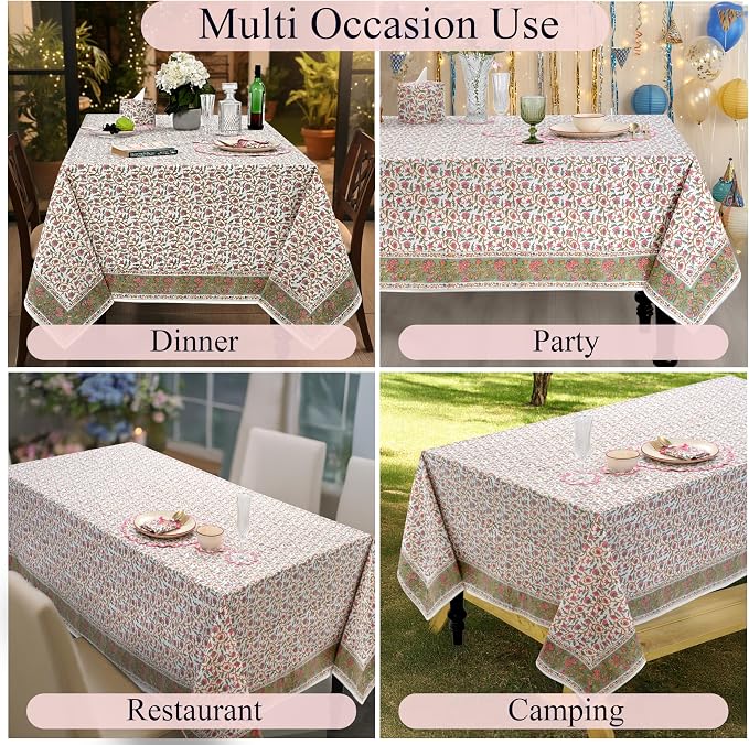 Ridhi Block Print Rose Pink Floral Vine Rectangle Cotton Tablecloth 140" x 72" Reusable Table Cover Decorative Everyday Use for Dining, Farmhouse, Home Gift for Spring, Easter, Valentine
