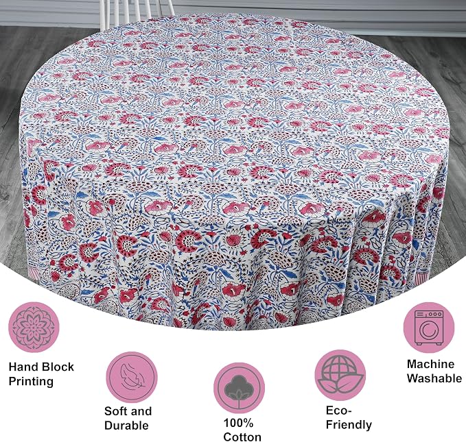 Ridhi Round Tablecloth Hand Block Print 100% Cotton Reusable Flamingo Pink 120 Inch Table Cover Decorative Everyday Use for Dining, Home, Party, Wedding, Farmhouse, Party Gift for Spring, Mother's Day