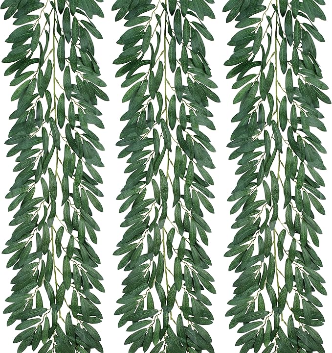 3 Strands Odorless Artificial Olive Leaf Vines, 73'' Silk Ivy Vine Garland with Green Leaves, Fake Hanging Plants Greenery Decor for Home, Bedroom, Wall, Party, Wedding Decoration.