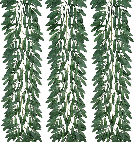 3 Strands Odorless Artificial Olive Leaf Vines, 73'' Silk Ivy Vine Garland with Green Leaves, Fake Hanging Plants Greenery Decor for Home, Bedroom, Wall, Party, Wedding Decoration.