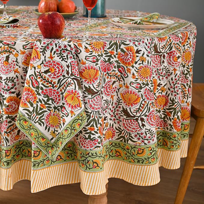 Hand Block Printed Tablecloth – Colorful Floral Print | 100% Cotton | Indian Artisan Handmade Art | Dining Room, Kitchen, Outdoor Décor, (Yellow Sunflower, 4 Seater 60 Inches Round)