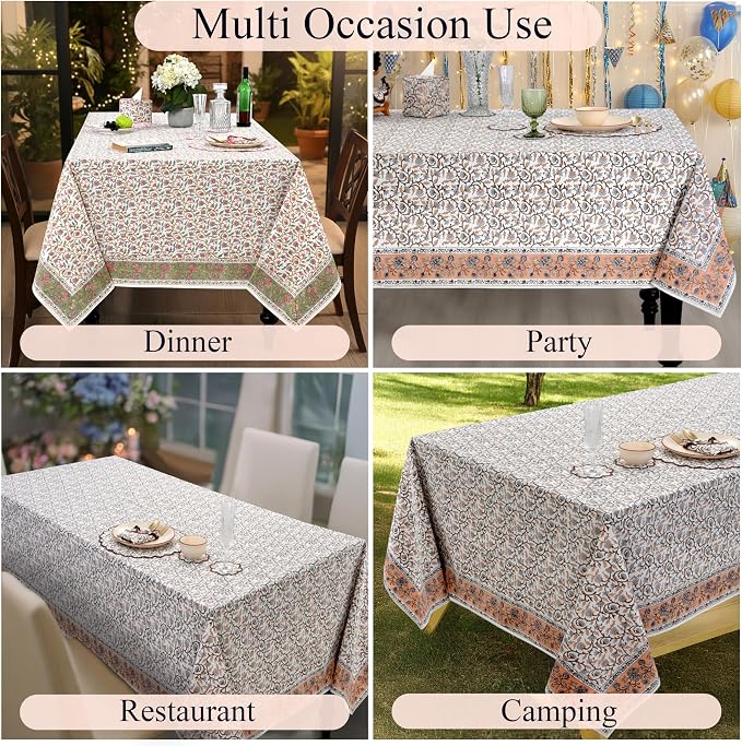 Ridhi Block Print Brown Meadow Vine Rectangle Cotton Tablecloth 140" x 72" Reusable Table Cover Decorative Everyday Use for Dining, Farmhouse, Home Gift for Spring, Easter, Valentine