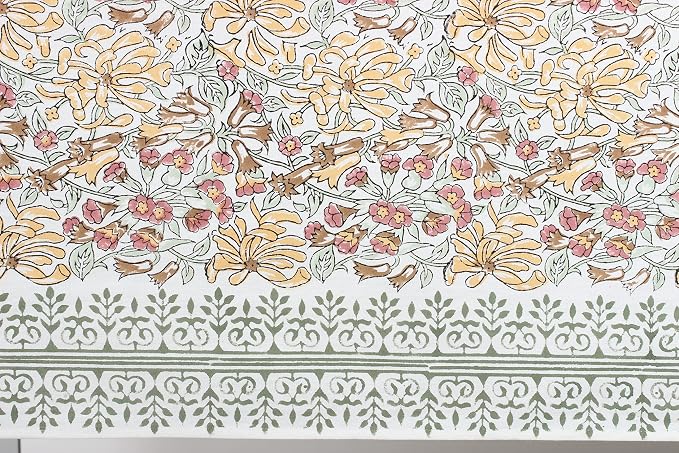 Ridhi Canary Yellow Mint Green Block Print Cotton Rectangle Tablecloth 120" x 80" inches Reusable Table Cover Decorative Everyday Use for Dining Room, Farmhouse, Home Gift for Spring, Mother's Day