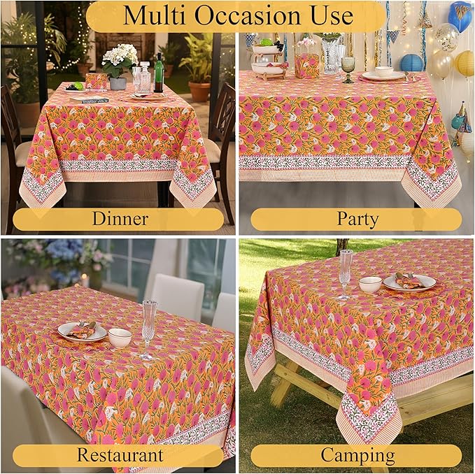 Ridhi Bubblegum Pink Hand Block Print Cotton Rectangle Tablecloth 160" x 72" inches Reusable Table Cover Decorative Everyday Use for Dining Room, Farmhouse, Home Gift for Spring, Mother's Day