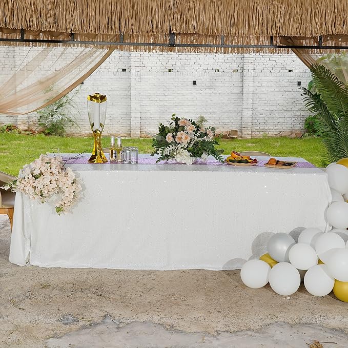 White Sequin Tablecloth, 90"x132" Rectangular Tablecloth, Glitter Tablecloth for Wedding Baby Shower Birthday Party Dinners