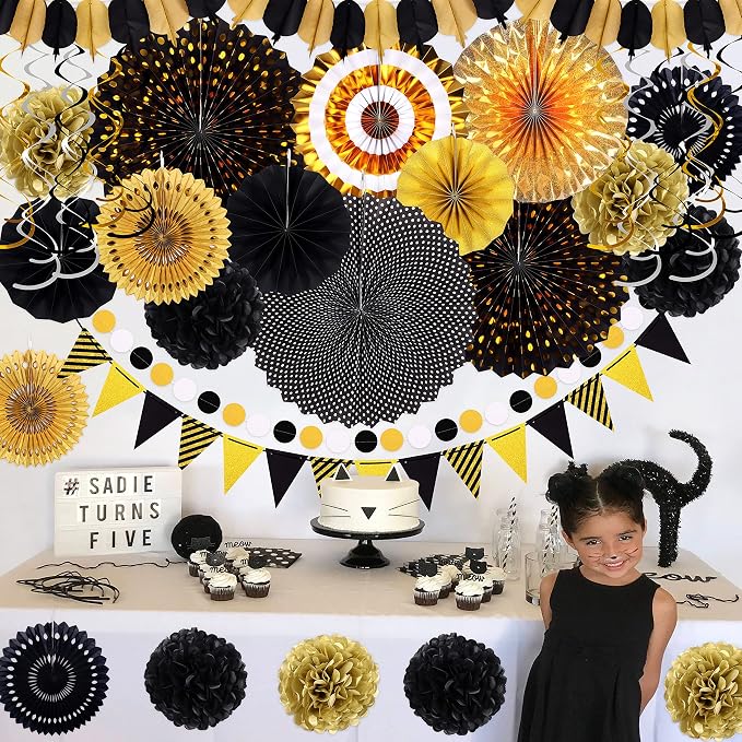 Moon Boat 35PCS Party Decorations Paper Fan Hanging Set - Birthday,Graduation,Baby Shower,Wedding,Retirement,Black and Gold Decor（Black）