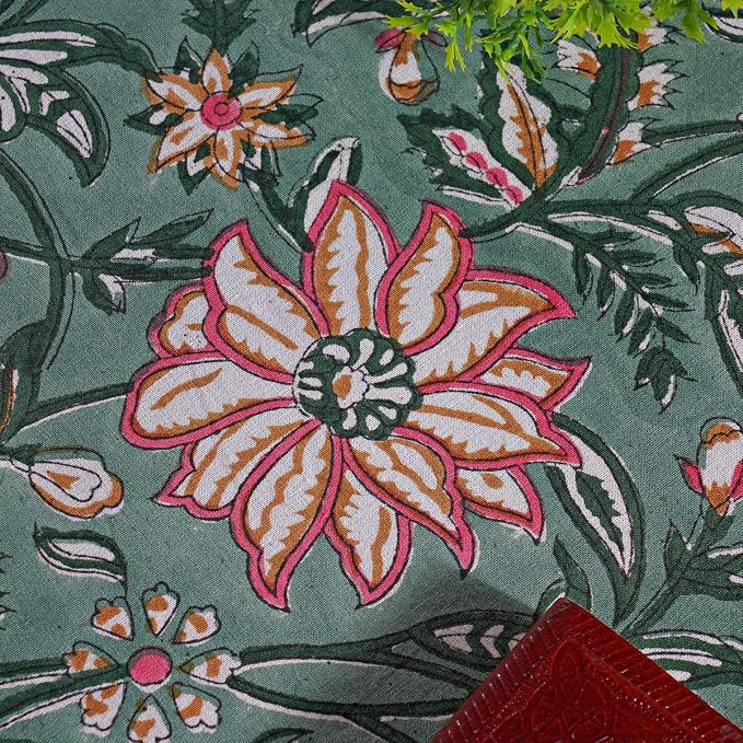 Ridhi Round Tablecloth Hand Block Print 100% Cotton Reusable Virdian Green 110 Inch Table Cover Decorative Everyday Use for Dining, Home, Party, Wedding, Farmhouse, Party Gift for Spring, Mother's Day