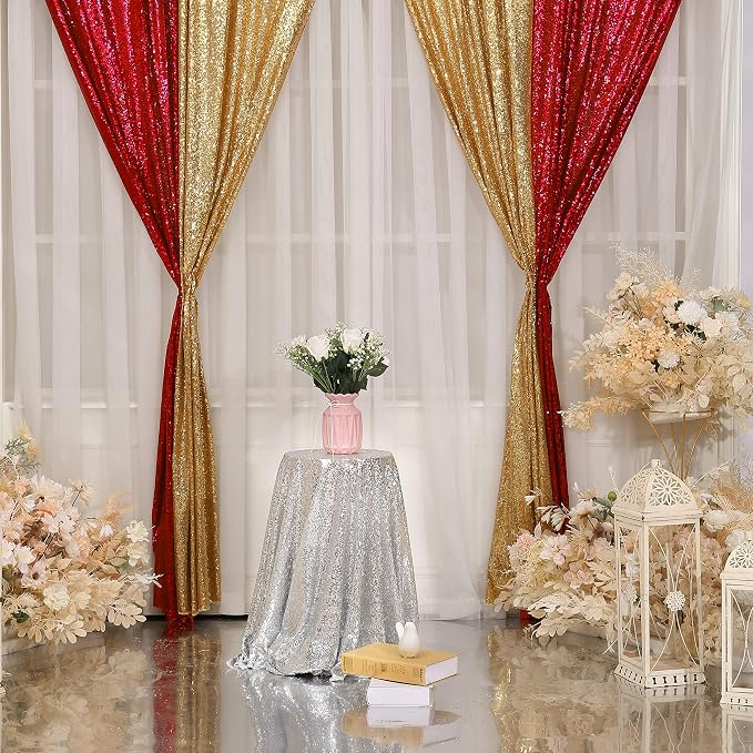 Poise3EHome Red Sequin Backdrop Curtain, 2 Panels 2Ft x 8Ft Glitter Photography Back Drop for Wedding Birthday Christmas Valentines Day Carnival Party Decorations