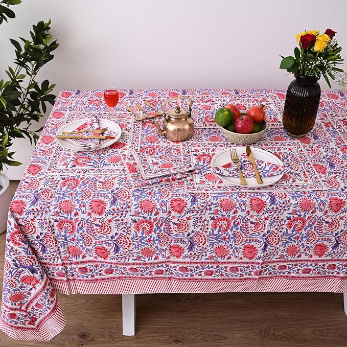Hand Block Printed Tablecloth, Colorful Floral Print, Indian Artisan Handmade Art, Dining Room, Kitchen, Outdoor Décor, (Flamingo Pink, 14 Seater 72 x 160 Inches Rectangle)