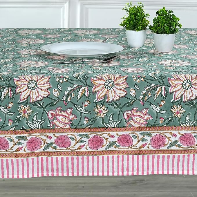 Ridhi Viridian Green Hand Block Print Cotton Rectangle Tablecloth 190" x 72" inches Reusable Table Cover Decorative Everyday Use for Dining Room, Farmhouse, Home Gift for Spring, Mother's Day