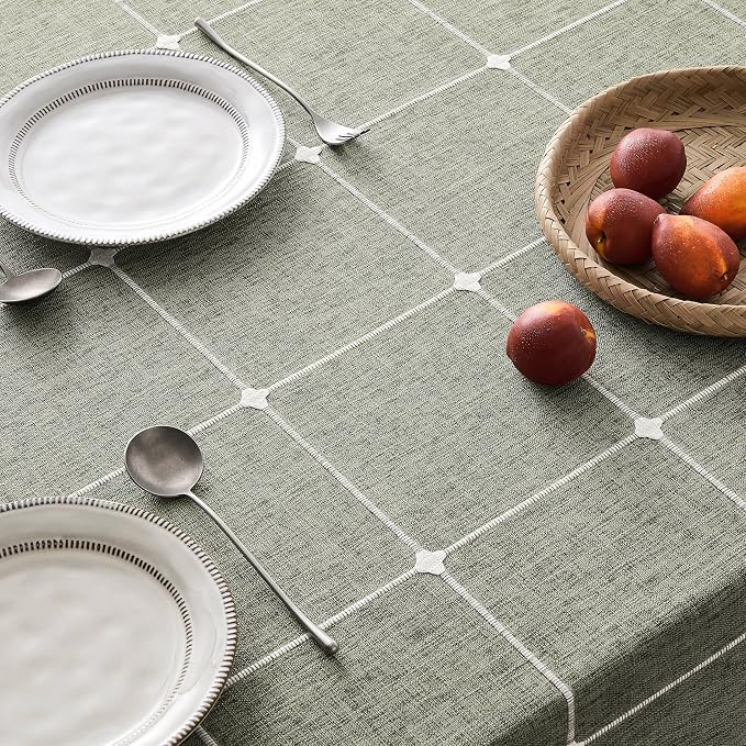 ZeeMart Boho Grid Table Cloth with Tassels (Olive, 52" x 70"), Heavy Weight Linen Checked Embroidered Farmhouse Tablecloth, Water Resistant Rectangle Olive Green Tablecloths