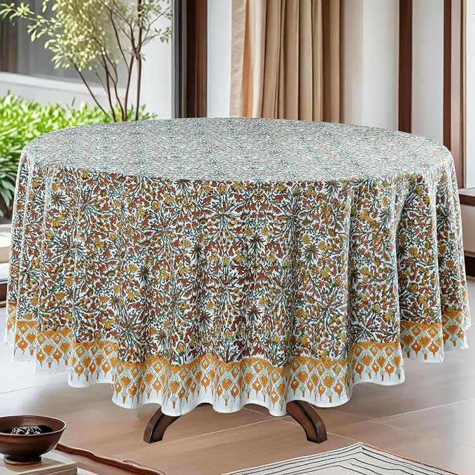 Ridhi Round Tablecloth Hand Block Print 100% Cotton Reusable Goldenrod Yellow 132 Inch Table Cover Decorative Everyday Use for Dining, Home, Party, Wedding, Farmhouse Gift for Spring, Mother's Day