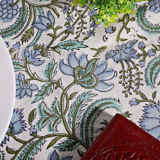 Ridhi Round Tablecloth Hand Block Print 100% Cotton Reusable Columbia Blue 132 Inch Table Cover Decorative Everyday Use for Dining, Home, Party, Wedding, Farmhouse, Party Gift for Spring, Mother's Day