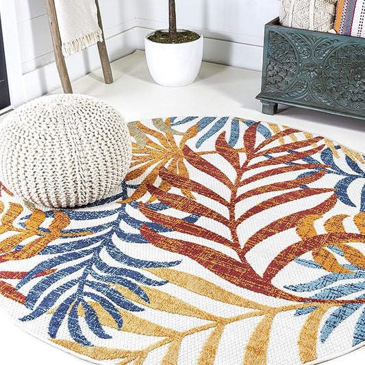 JONATHAN Y Tropics Palm Leaves Indoor Outdoor Round Area Rug 6 Ft Cream/Orange, Boho for Backyard, Patio, Porch, Easy-Cleaning, High Traffic, Pet-Friendly, Non-Shedding (AMC100B-6R)