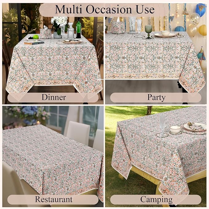 Ridhi Sassy Salmon and Emerald Green Hand Block Print Cotton Rectangle Tablecloth 108" x 70" inches Reusable Table Cover Decorative Everyday Use for Dining Room, Farmhouse, Gift Spring, Mother's Day