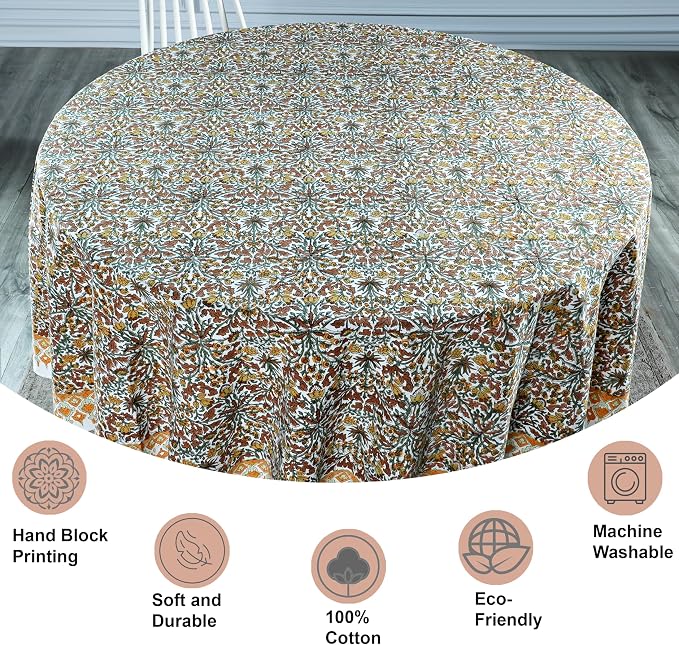 Ridhi Round Tablecloth Hand Block Print 100% Cotton Reusable Goldenrod Yellow 90 Inch Table Cover Decorative Everyday Use for Dining, Home, Party, Wedding, Farmhouse Gift for Spring, Mother's Day
