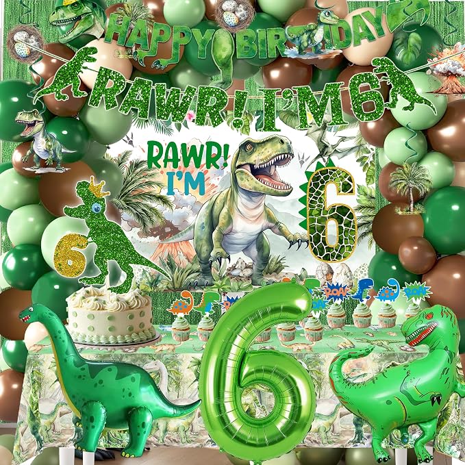 Dinosaur Boys 6th Birthday Dino Jurassic Six-a-sauras 6th Birthday Becorations For Boys Dinosaur 6th Birthday Party Supplies Include Banner, Backdrop, Tablecloth, Cake Toppers, Balloons