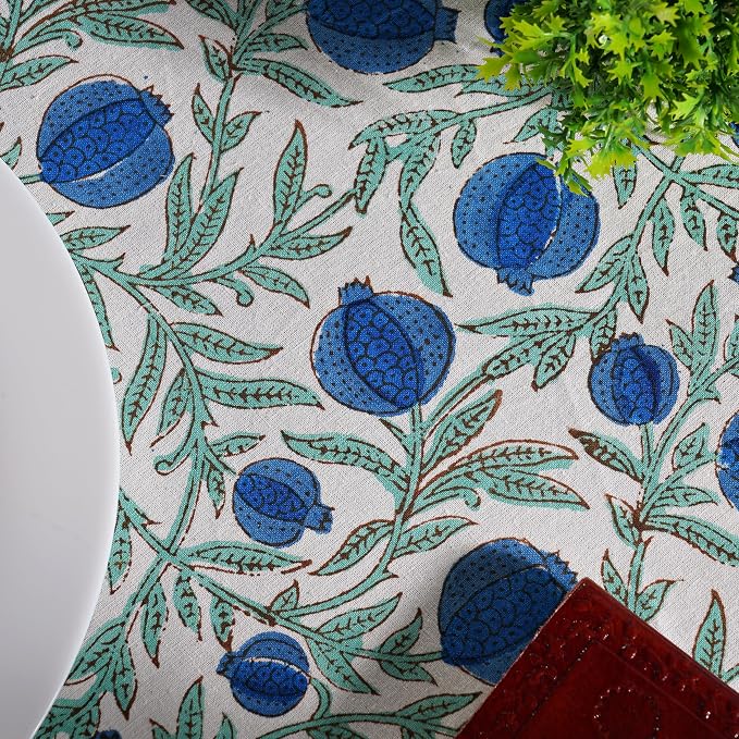 Ridhi Round Tablecloth Hand Block Print 100% Cotton Reusable Queen Blue 132 Inch Table Cover Decorative Everyday Use for Dining, Home, Party, Wedding, Farmhouse, Party Gift for Spring, Mother's Day