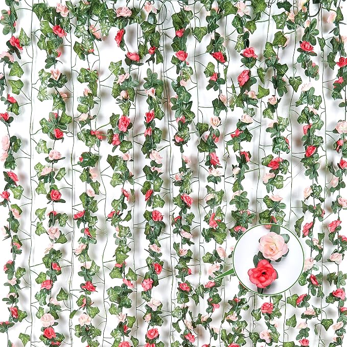 BLEUM CADE 5 Pcs 41Ft Flower Garland Artificial Rose Vines with 5 Pcs 34.5Ft Fake Ivy Vines, Hanging Fake Flower Vines for Wedding Party Valentines Day Christmas Wall Room Decor Aesthetic