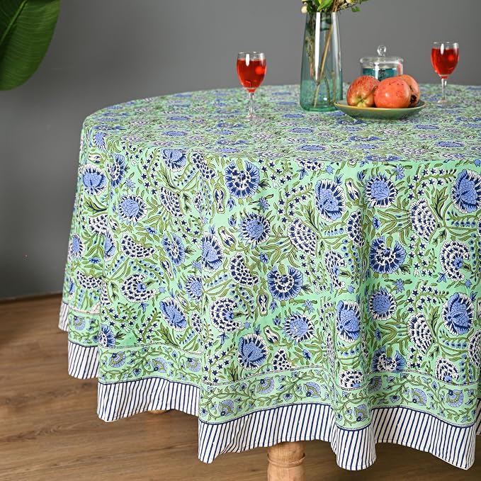 Hand Block Printed Tablecloth – Colorful Floral Print | 100% Cotton | Indian Artisan Handmade Art | Dining Room, Kitchen, Outdoor Décor, (Mint Green Blue, 108 Inches Round)