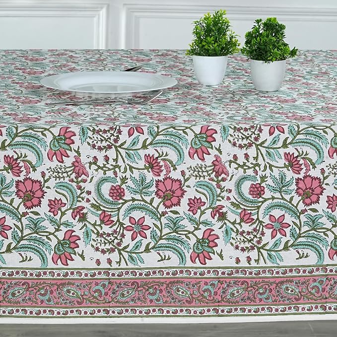 Ridhi Tulip Pink Hand Block Print Cotton Rectangle Tablecloth 190" x 72" inches Reusable Table Cover Decorative Everyday Use for Dining Room, Farmhouse, Home Gift for Spring, Mother's Day